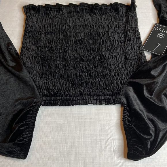 Bagatelle Top Black Velvet Smocked Long Sleeves Off the Shoulder Top - Picture 7 of 13